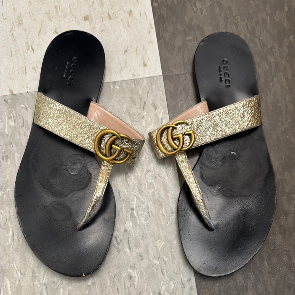 Gucci Marmount Thong Women's Gold GG Sandals 38.5